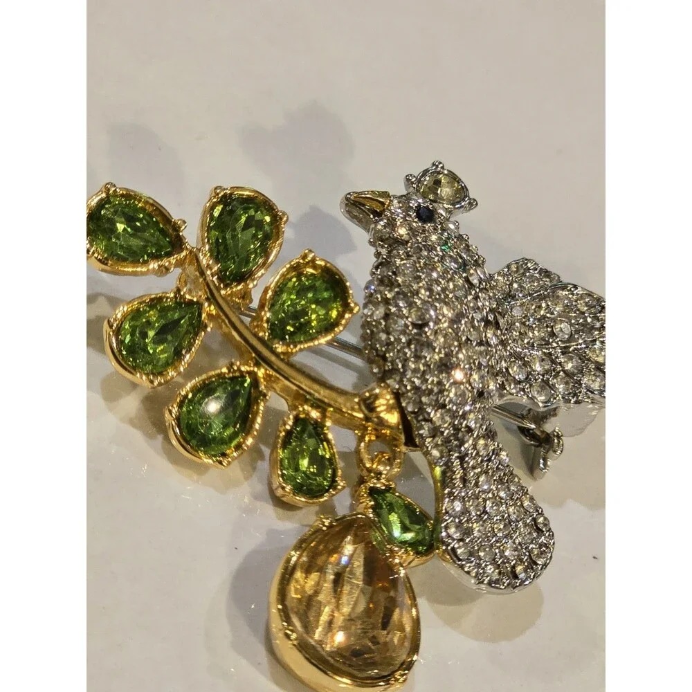 Talbots Jeweled Bird Brooch Rhinestone Green Crystal Branch Pin Figural #1397